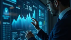 Photorealistic portrait of a British fintech analyst in front of a holographic dashboard showing 0,1% of GDP and cybersecurity.