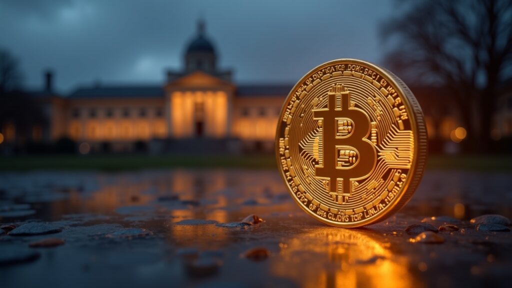 Photorealistic header: Bank of England in the background, a shiny stablecoin token in the foreground and regulatory icons