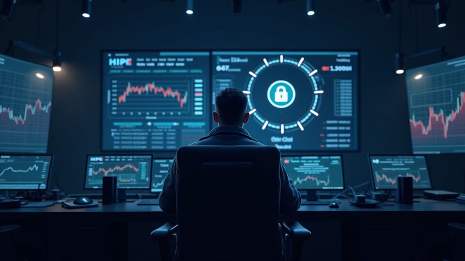 Crypto trader in a modern control room, HUD with an unlock countdown for HYPE and the token icon.
