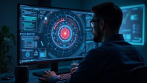 Crypto security analyst in a control room; cold storage screen, Solana network and red alert for hack of $36,8M with restitution.