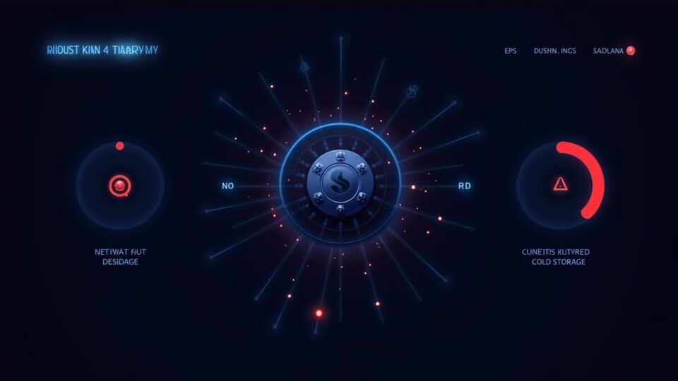 Crypto exchange dashboard with a central vault, Solana tokens, red alert glow, and funds moved to cold storage.