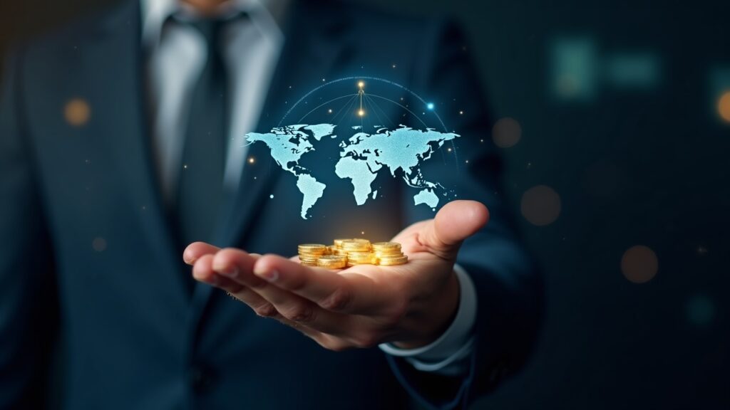 Photorealistic bank executive presents Stellar ledger with stablecoins on a world map