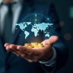 Photorealistic bank executive presents Stellar ledger with stablecoins on a world map