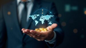 Photorealistic bank executive presents Stellar ledger with stablecoins on a world map