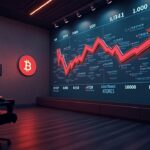 Crypto news room with Bitcoin ETF ticker showing large outflows, red arrows and silhouette of the Fed chair.