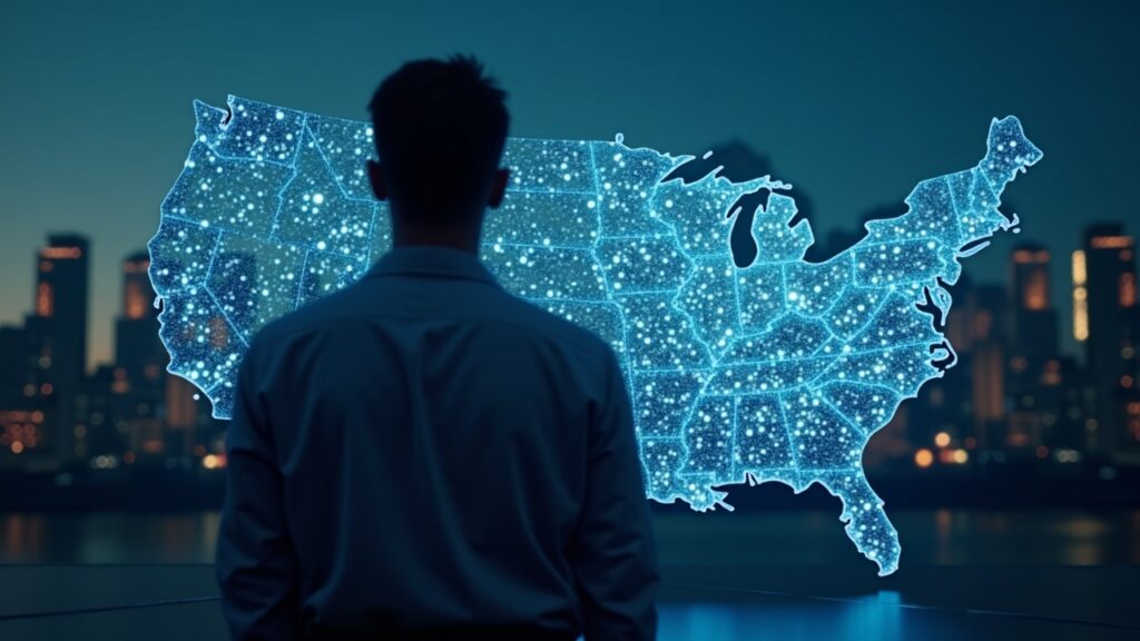 Crypto analyst in front of a U.S. map with blockchain nodes; buildings in the background, regulatory gridlock.