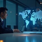 Bank executive at a fintech desk, holographic Stellar map and illuminated USBC token, cross-border payments.