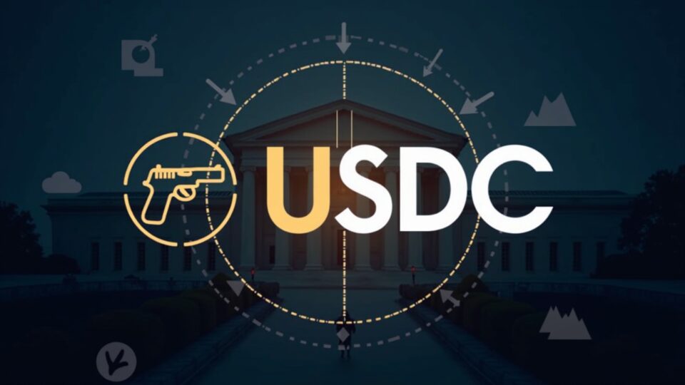 Image: USDC logo, silhouette of a firearm, courthouse and charts linked by blockchain, indicating regulatory pressure.