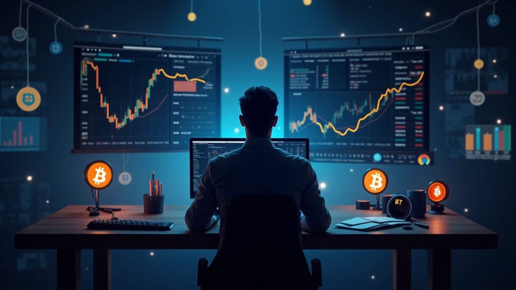 Photorealistic trading desk with BTC and altcoins, USDT gauge and liquidity charts, decentralization symbol