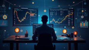 Photorealistic trading desk with BTC and altcoins, USDT gauge and liquidity charts, decentralization symbol