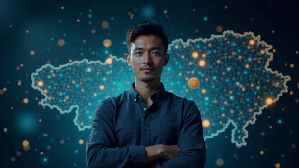 Photorealistic fintech professional with holographic stablecoins and tokenized securities in a regulated sandbox.