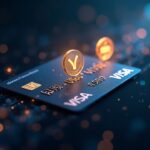 Visa card with USDC and EURC coins shining, flowing through the Stellar network toward global merchants.
