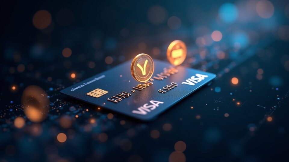 Visa card with USDC and EURC coins shining, flowing through the Stellar network toward global merchants.