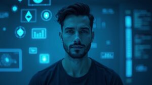 Photorealistic portrait of a tech founder in a press room; glow of Ethereum and encrypted chats.