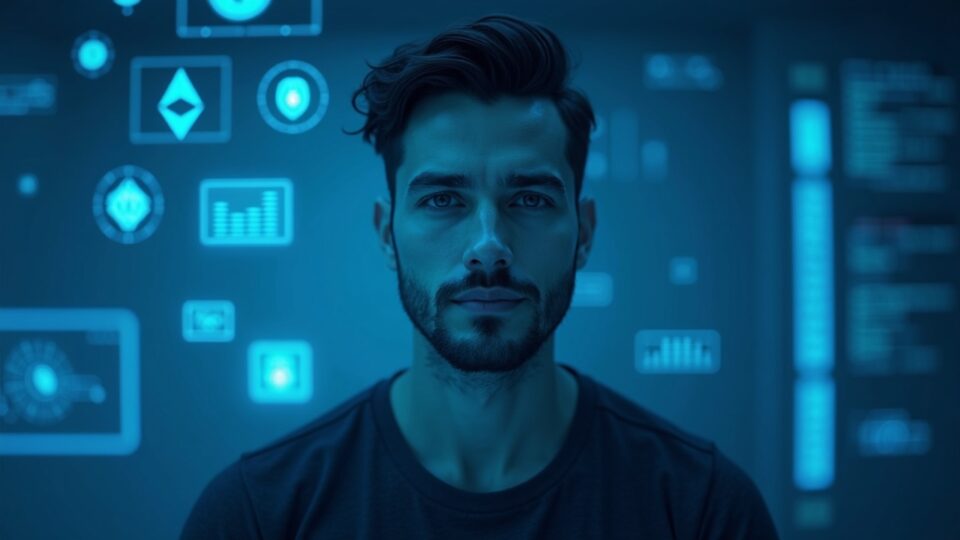Photorealistic portrait of a tech founder in a press room; glow of Ethereum and encrypted chats.