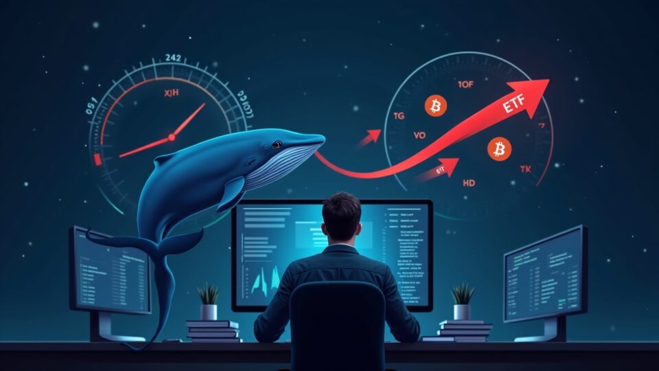Crypto trader at a desk, whale absorbing ETF outflows in red arrows, screens with BTC and ETH