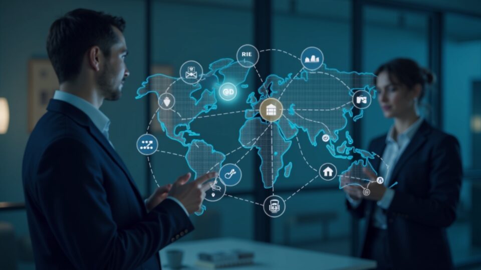 Professional in an office in front of a Stellar map connecting banks and merchants with USDC and EURC; Wirex and Crossmint logos.