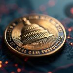 Photorealistic close-up of the WLFI token with governance badge, USD1 glow, and the Capitol dome in the background.
