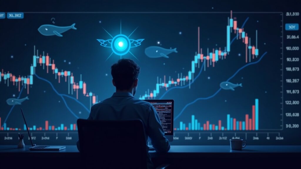 Photorealistic trader in front of crypto chart; XLM falls below 0.25, whales and institutional indicators, Stellar logo.