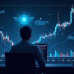 Photorealistic trader in front of crypto chart; XLM falls below 0.25, whales and institutional indicators, Stellar logo.