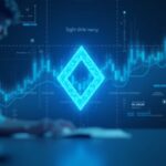Crypto analyst in newsroom observes holographic chart of XLM above 0,3020 with high volume and Stellar logo