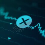 Photorealistic close-up of the XLM logo on a digital screen with a descending chart toward 0.25, fintech blue-green background.