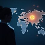 Silhouette of a banker next to a luminous map of the Stellar network and a dollar-backed stablecoin.