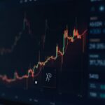 Crypto trader in the foreground looking at an XRP chart with a cup-and-handle toward $5, an institutional dashboard and regulatory symbols in the background.