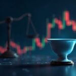 Photorealistic XRP trading scene with a cup-and-handle chart toward $5, over a digital ledger, with regulatory scales.