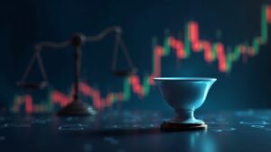 Photorealistic XRP trading scene with a cup-and-handle chart toward $5, over a digital ledger, with regulatory scales.
