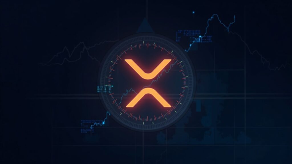 Centered bright XRP logo, with ascending charts, ETF tickers, digital vault and blockchain network in a newsroom.