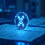 Photorealistic header of a crypto trading desk, a glowing XRP coin and an ETF prospectus, Nasdaq style, blue tones.