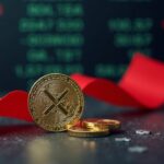 XRP coin in the foreground, red regulatory ribbon and blurred Nasdaq screens in the background.