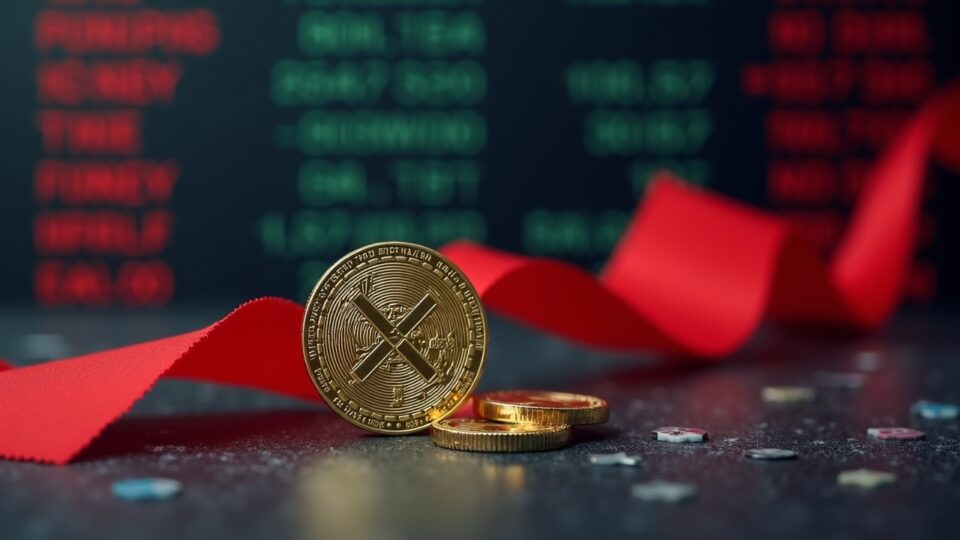 XRP coin in the foreground, red regulatory ribbon and blurred Nasdaq screens in the background.