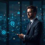 Photorealistic portrait of a veteran crypto lawyer in a suit, with blockchain circuits and assets, news background.