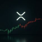 Realistic XRP logo centered, downward channel and green glow fading to red, regulatory risk signal.