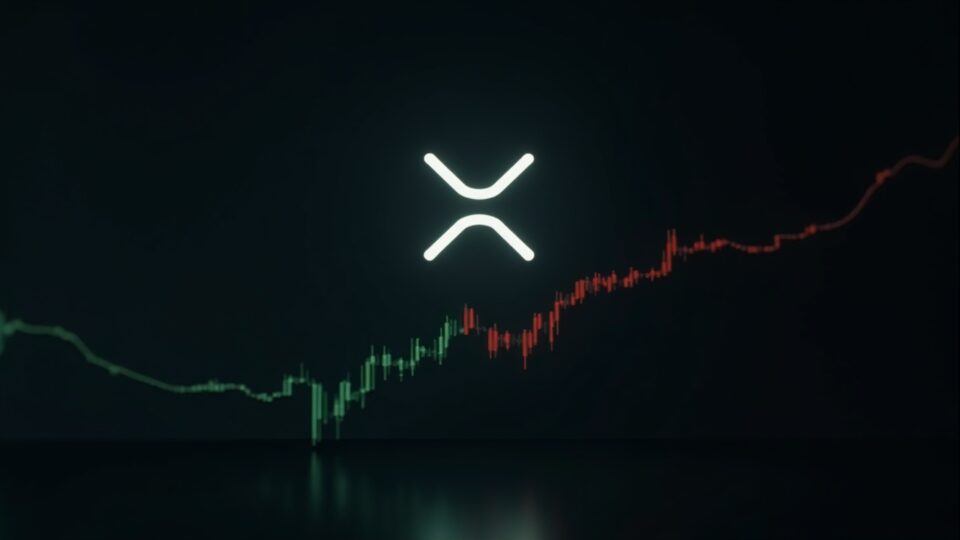 Realistic XRP logo centered, downward channel and green glow fading to red, regulatory risk signal.