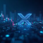 XRP trading near the 2,50 resistance on a digital trading floor, with diverse investors and a technological aesthetic.