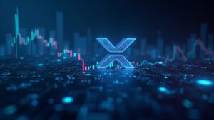 XRP trading near the 2,50 resistance on a digital trading floor, with diverse investors and a technological aesthetic.