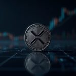 XRP coin at center, ETF chart in the background and smooth blockchain lines, showing selling pressure and macro risk.