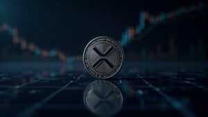 XRP coin at center, ETF chart in the background and smooth blockchain lines, showing selling pressure and macro risk.