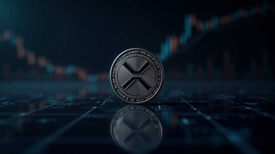 XRP coin at center, ETF chart in the background and smooth blockchain lines, showing selling pressure and macro risk.
