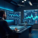 Crypto analyst in a modern newsroom with XRP charts at 2,03 and XRPZ GXRP logos alongside an NYSE Arca sign.