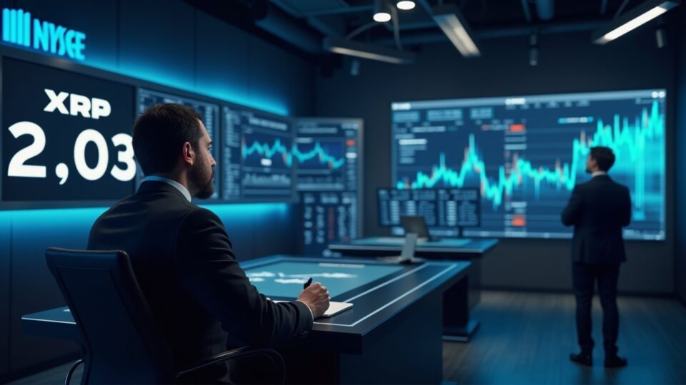 Crypto analyst in a modern newsroom with XRP charts at 2,03 and XRPZ GXRP logos alongside an NYSE Arca sign.