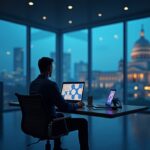Photorealistic trader in a sleek office with XRP ripple screen and courthouse skylight signaling regulation vs DeFi.