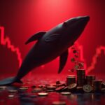 Silhouette of a whale pouring XRP over a red market chart, ETF logos in the background and newsroom lighting.