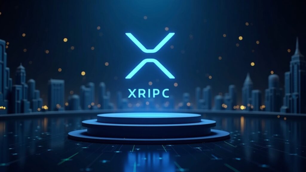 XRP in close-up with XRPC ETF tag, Nasdaq skyline, bearish Bitcoin chart and price around 2,22
