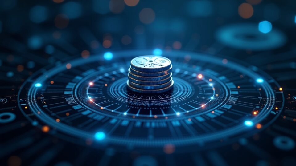 Close-up of a futuristic XRPL interface, with XRP orbiting a two-tier governance node, symbolizing staking and DeFi growth.