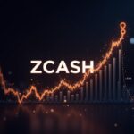 Zcash logo breaking the resistance at $748, with rising volume bars, a privacy shield and DeFi.