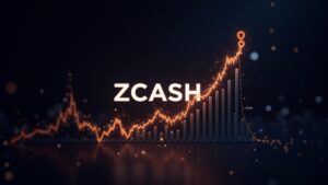 Zcash logo breaking the resistance at $748, with rising volume bars, a privacy shield and DeFi.